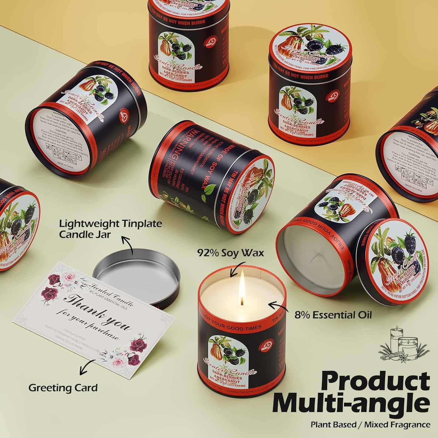 Premium Dark Berries & Bergamot Soy Wax Scented Candle Set - 9oz x 2 Pack, 80-Hour Burn Time, 8% Essential Oils for Aromatherapy Tin Jar Candle, Smoke-Free Relaxation,Yoga & Spa Gifts for Women/Men