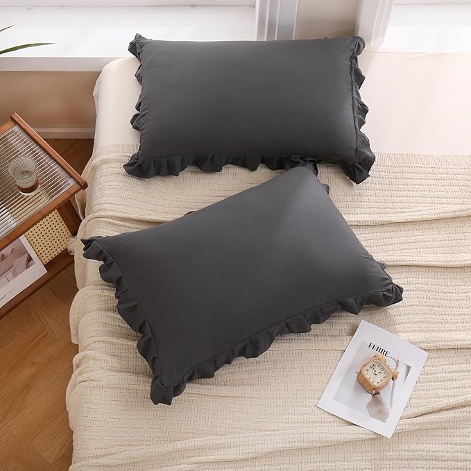 Merryword Reversible King Pillowcases Cute Pillow Cover Set of 2 Soft Shabby Chic Ruffled Pillowcases 2 Pack (King (20''x36''), Gray)
