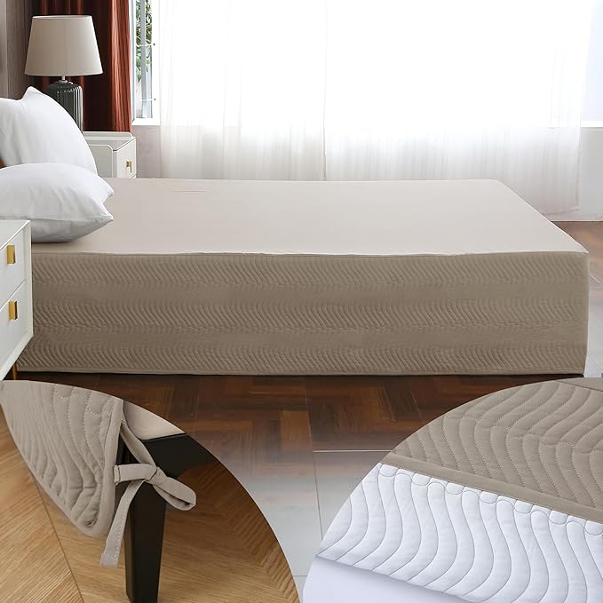 King Bed Skirt-Box Spring Cover with 14 Inch Tailored Drop,Wrinkle and Fade Resistant Hotel Wrap Around Bed Skirts,Bed Frame Cover (Wave Pattern Light Khaki, King)