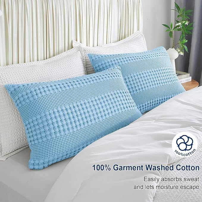 PHF Waffle Weave Pillow Shams Standard Size, 2 Pack 100% Cotton Pillowcases 20" x 26", No Insert, Soft & Breathable Aesthetic Woven Pillow Case Covers for Bedroom Decor, Sky Blue