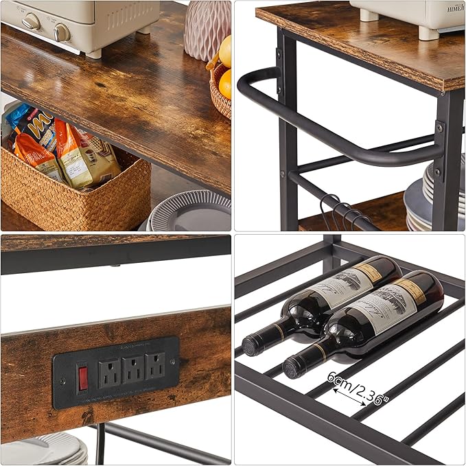 IBUYKE Kitchen Island with 3 Shelves, Island Table for Kitchen with Power Outlet,Kitchen Cart with Large Worktop,Rolling Bar Cart for Home, Outdoor, Kitchen TMJ024H