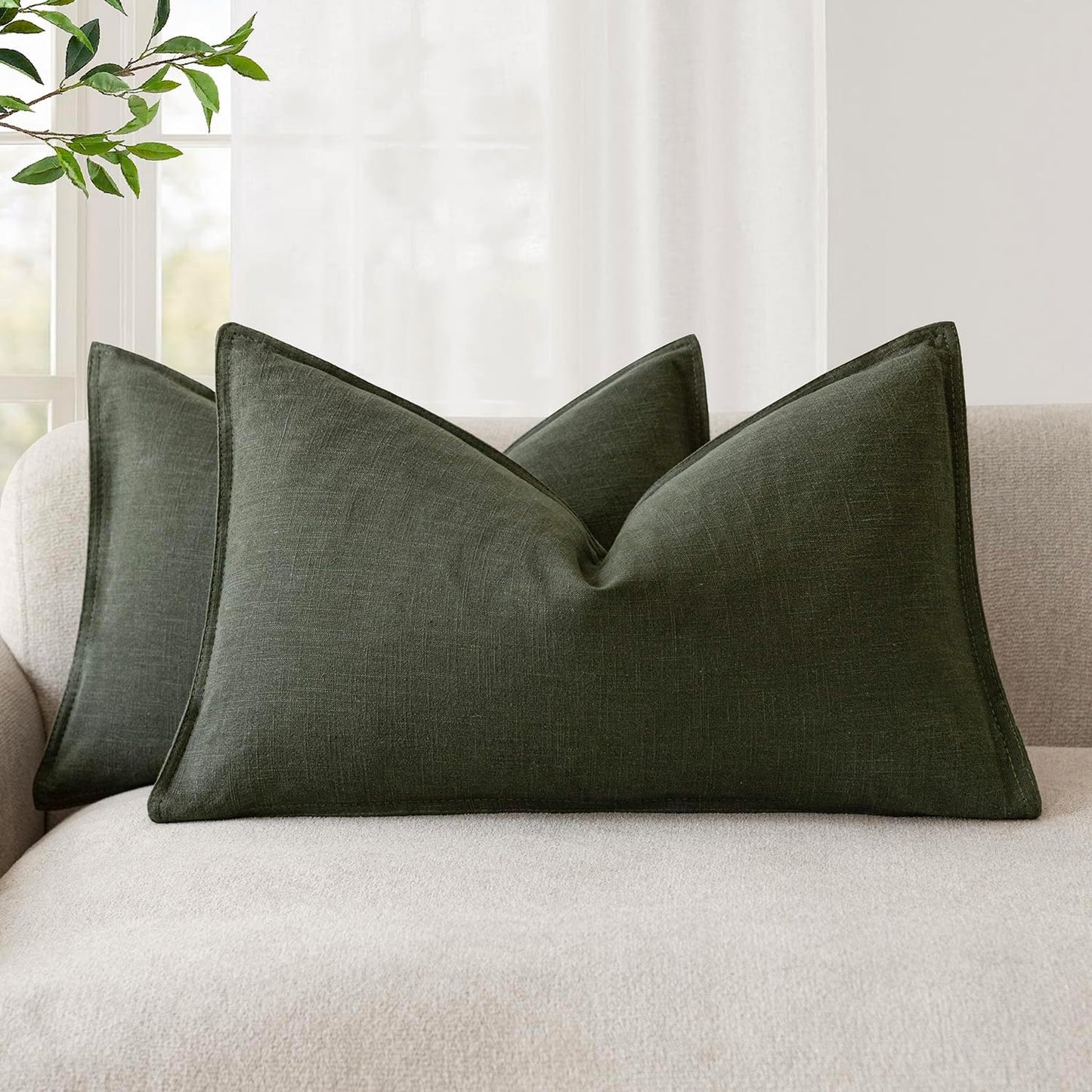 Foindtower Pack of 2, Decorative Linen Solid Throw Pillow Covers Accent Lumbar Cushion Case Boho Farmhouse Pillowcase for Chair Couch Sofa Bedroom Living Room Home Decor 12 x 20 Inch Dark Olive Green