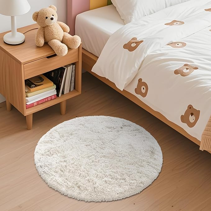OLANLY Ivory Round Rugs for Bedroom - Machine Washable, 2 ft Circle Area Rugs for Living Room, Soft and Fluffy Shaggy Carpet for Teen Girls and Boys, Nursery Rooms, Dorms, Home Decor Aesthetic