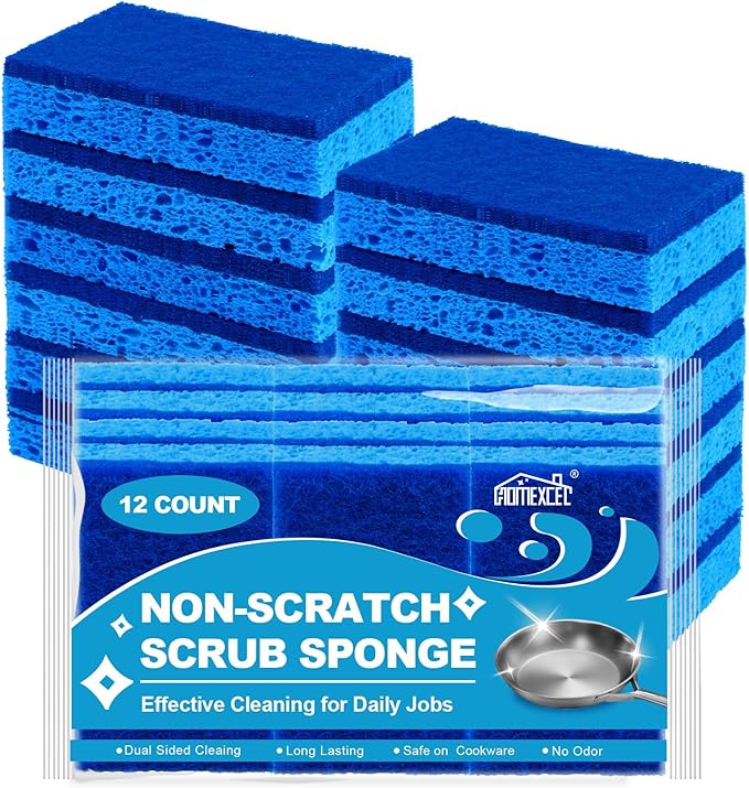HOMEXCEL Sponges Kitchen 12pcs, Non-Scratch Scrub Dish Sponge Safe on Non-Stick Cookware, Dual Sided Cleaning Sponges for Kitchen, Household, Bathroom and More