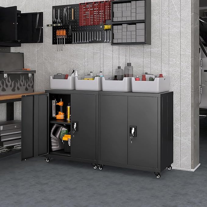 LUCYPAL Metal Storage Cabinet with Wheels,31.5" H Steel Storage Cabinet with Locking Doors and Adjustable Shelves,Metal Garage Storage Cabinets for Home Office,Kitchen,Black