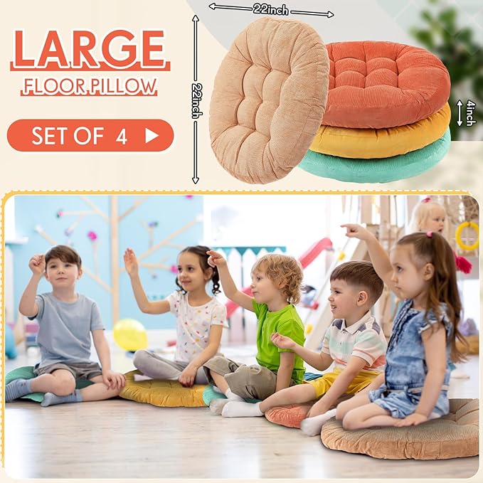 Jerify 4 Pcs Floor Pillow Cushions 22 x 22 Inch Round Square Large Meditation Floor Pillow for Classroom Adult Meditation Picnic Party Cushion for Seating Gift Christmas(Yellow Green,Round)
