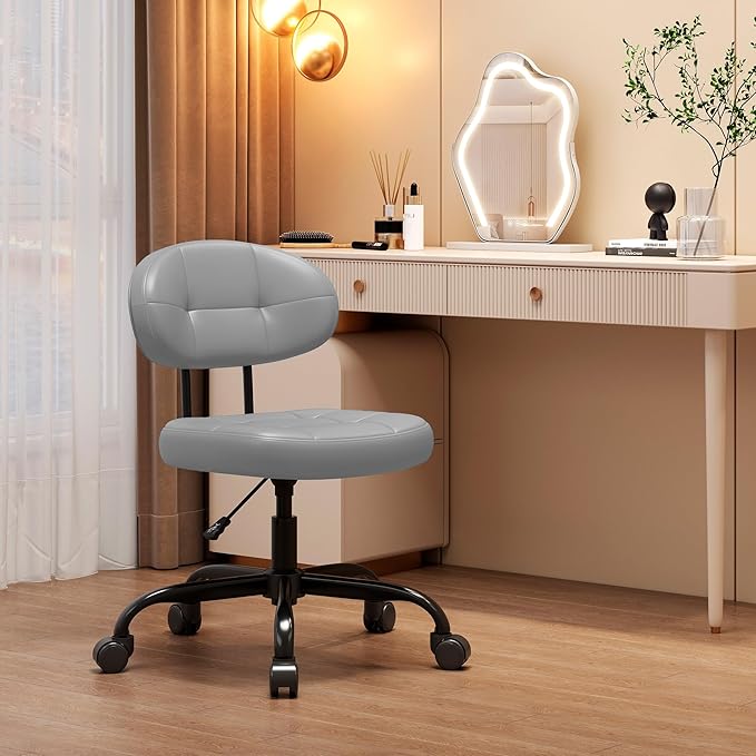 Misolant Vanity Chair with Back, Small Armless Cute Office Chair with Wheels and Lumbar Support, Comfy PU Leather Desk Computer Chairs with Adjustable Height, 360°Swivel for Home Bedroom Office, Gray