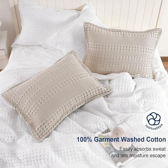 PHF 100% Cotton Ruffle Waffle Pillow Shams King Size, 2 Pack 20" x 36" Soft Skin-Friendly Pillowcases, No Filling, Aesthetic Home Decor, Breathable Waffle Weave Bed Pillow Covers, Oatmeal