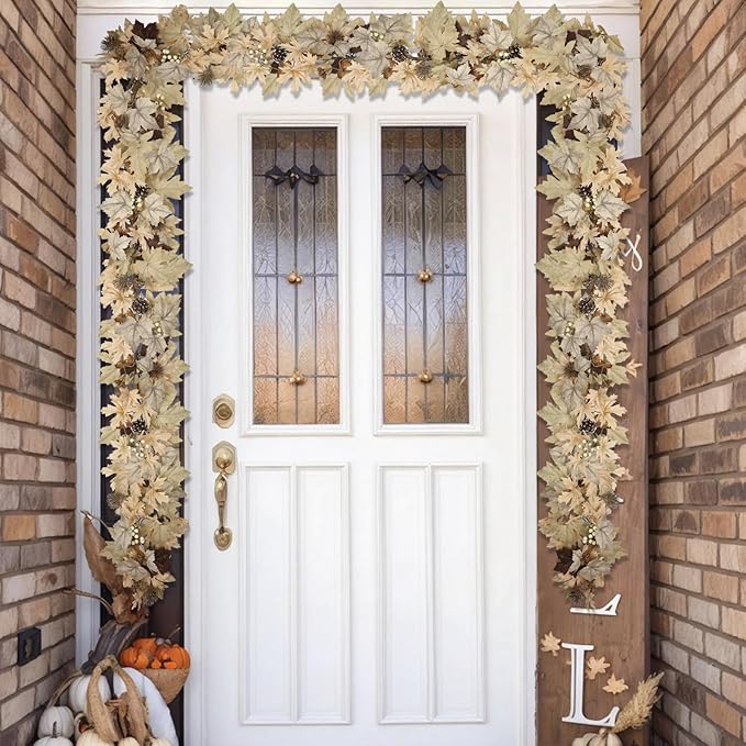 Realistic Fall Garland with Lights, 6 FT Real Touch Feel Leaves Garland with Berries Pine Cones, Fall Decorations for Home Thanksgiving Halloween Decorations Indoor Farmhouse Porch Fireplace