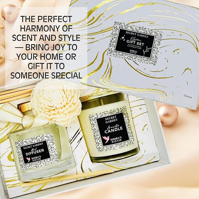 Moira's Bazaar Elysian Essence Aromatherapy Gift Set – Luxury Candle and Flower Reed Diffuser – Perfect Scented Gift for Housewarming & Holidays – Elegant Home & Bath Décor (Secret Garden)