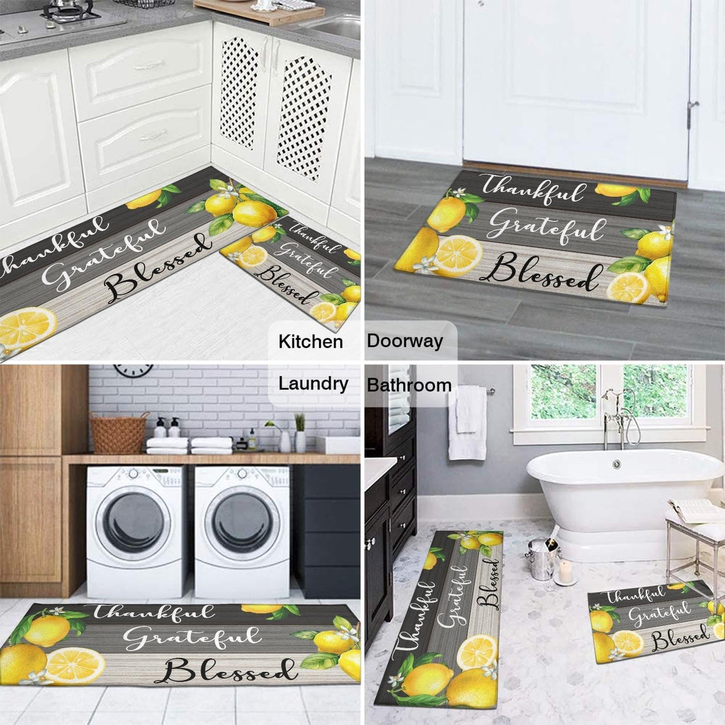 2 Piece Lemon Kitchen Decor Rugs Set, Farmhouse Country Kitchen Rugs and Mats Non Skid Washable Absorbent Microfiber Kitchen Accessories Decoration Floor Mats 17"x47"+17"x30"