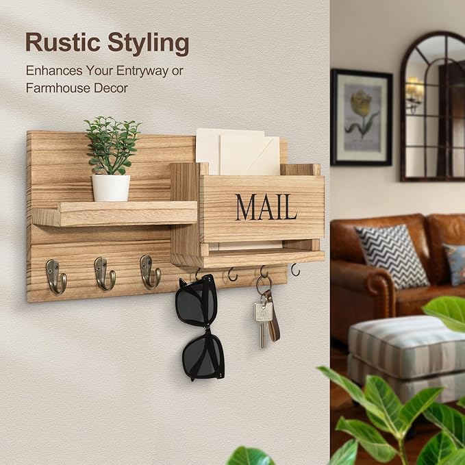 Mail Organizer for Wall Mount – Key Holder with Shelf Includes Letter Holder and Hooks for Hallway Farmhouse Decor – Rustic Wood with Flush Mounting Hardware (16.5” x 9.1” x 3.4”) (Wood)