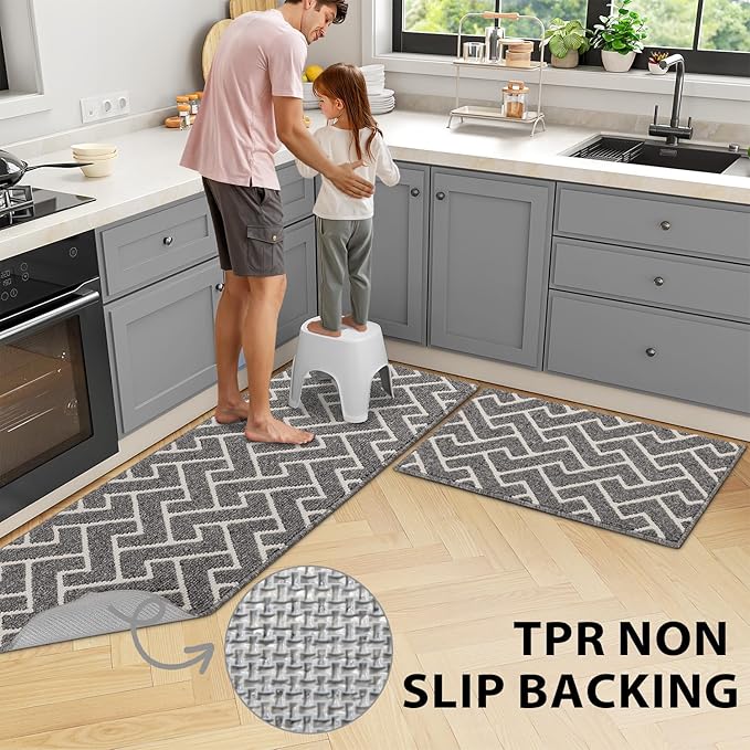 hicorfe Kitchen Rugs and Mats Sets,Non-Slip 2 Pieces Absorbent 100% Polypropylene Rug,Comfort Kitchen Runner Mat,Washable for Kitchen,Sink,Laundry(20" x 31.5" Plus 20" x 59",Grey)