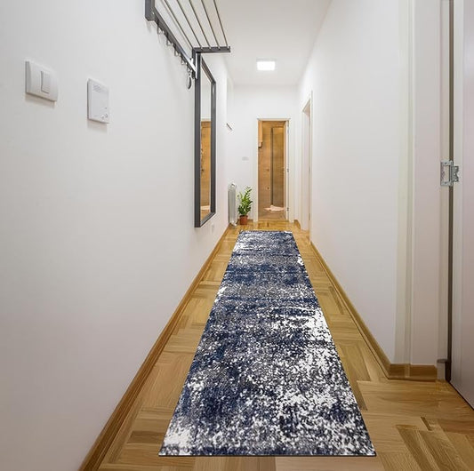 Keen Home Design Area Rugs - 2x16 Non-Shedding, Abstract Rugs for Kitchen, Living Room, Bedroom, Dining Room, Entryway - Size: 2'8" x 16', Navy/Grey/White