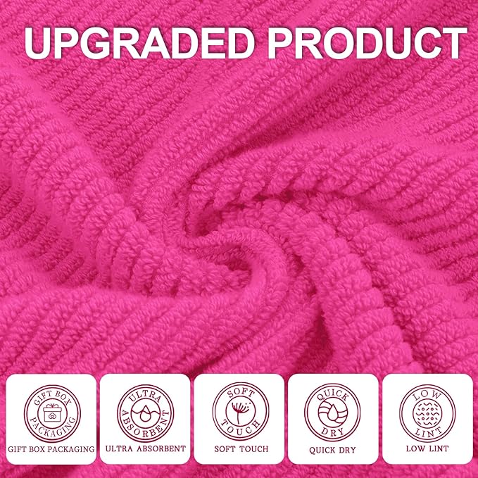 Hot Pink Bath Towels (4PC Large, 30"x56") - 100% Cotton | Quick Dry | Light Weight | Thick | Soft | Absorbent, Luxury Shower Towels with Hanging Loops, Towel Gift Set, Hot Pink Bathroom Accessories
