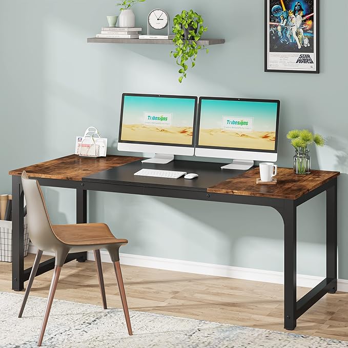 Tribesigns Modern Computer Desk, 63 x 31.5 inch Large Office Desk Computer Table Study Writing Desk Workstation for Home Office, Vintage Black Metal Frame