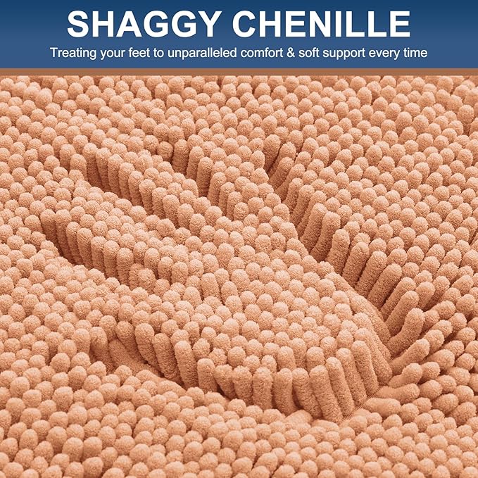 Smiry Luxury Chenille Bathroom Rugs 30x20, Extra Soft and Absorbent Shaggy Bath Mat, Machine Washable, Non-Slip Plush Carpet Runner for Tub, Shower, and Floor, Home Decor Accessories, Peach