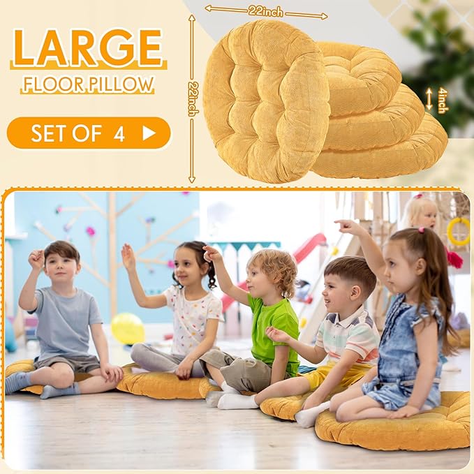 Jerify 4 Pcs Floor Pillow Cushions 22 x 22 Inch Round Square Large Meditation Floor Pillow for Classroom Adult Meditation Picnic Party Cushion for Seating Gift Christmas(Yellow,Round)