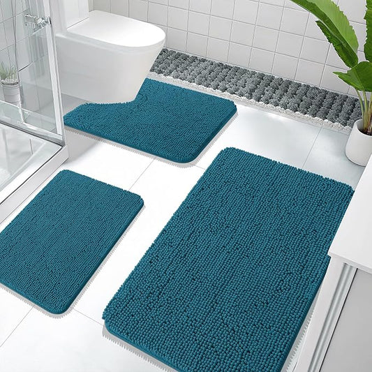 OLANLY Bathroom Rugs Sets 3 Piece, Soft Absorbent Chenille Bath Mats and U-Shaped Contour Toilet Rug, Quick Dry, Home Decor Accessories, Bath Mat Set for Floor (36"x24"+24"x16"+24"x20", Peacock Blue)