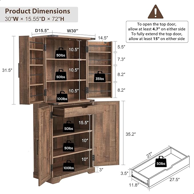 72" Tall Kitchen Pantry, Farmhouse Storage Cabinet with Barn Doors, Organizer, Drawer and Adjustable Shelves, Rustic Wood Cupboard for Kitchen, Dining Room, Bathroom, Rustic Brown