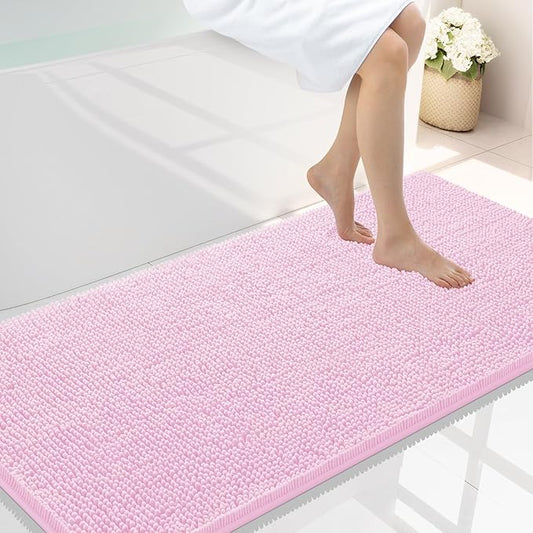Smiry Luxury Chenille Bathroom Rugs 44x24, Extra Soft and Absorbent Shaggy Bath Mat, Machine Washable, Non-Slip Plush Carpet Runner for Tub, Shower, and Floor, Home Decor Accessories, Pink