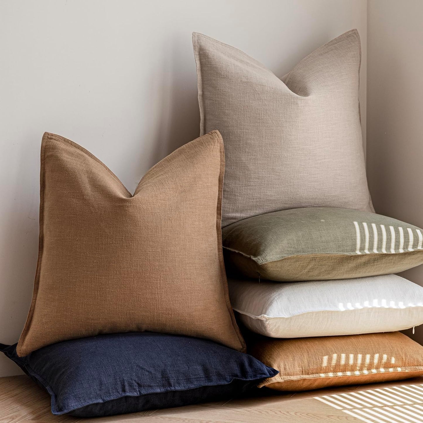 Foindtower Pack of 2, Decorative Linen Soild Throw Pillow Covers Soft Accent Cushion Case Boho Farmhouse Pillowcase for Chair Couch Sofa Bedroom Living Room Home Decor 16 x 16 Inch Light Khaki Brown