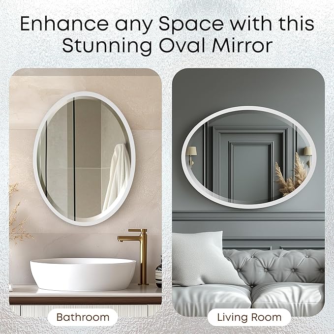 OVALCREST - Oval Wooden Beveled Wall Mirror for Home Decor, Bathroom, Vanity, Bedroom, Living Room, Hallway - London Style (Linen White) 31.1 x 41.1