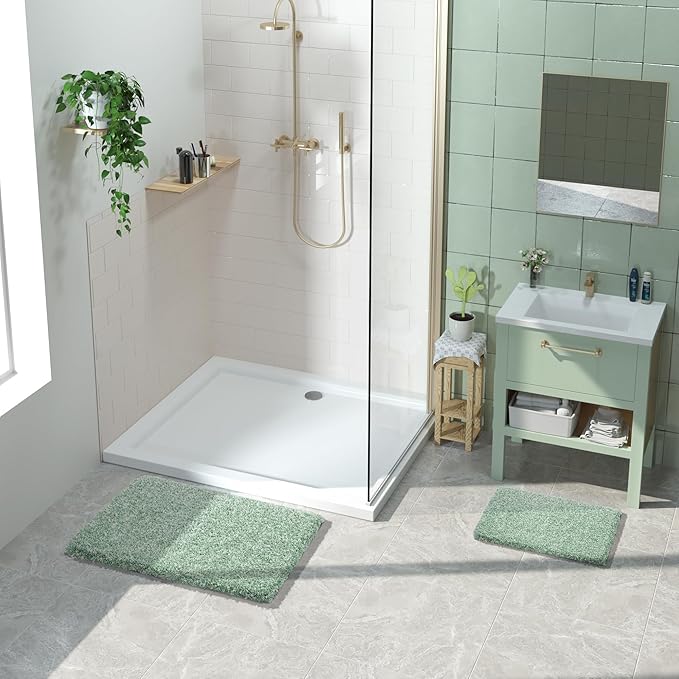 Yimobra Light Green and White Bath Rugs for Bathroom 32x20, Ultra Soft and Water Absorbent Bath Mats, Non Slip Plush Shower Rugs, Microfiber Thick Matts for Bathroom Floor/Tub, Machine Washable