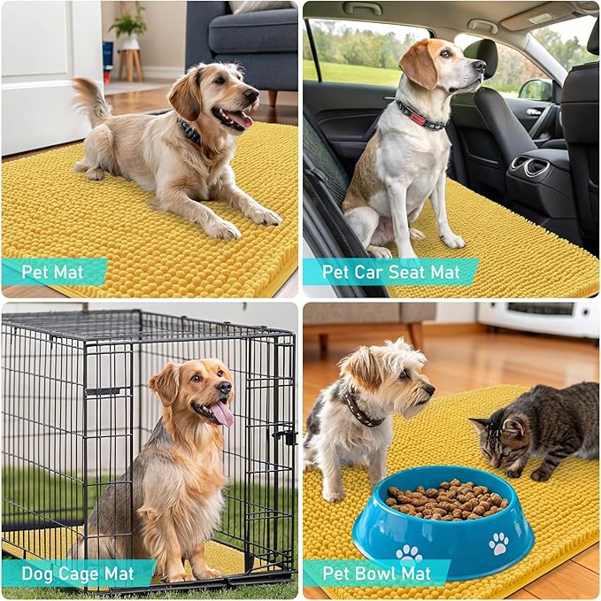 OLANLY Dog Door Mat for Muddy Paws 36x24, Absorbs Moisture and Dirt, Absorbent Non-Slip Washable Doormat, Quick Dry Chenille Mud Mat for Dogs, Entry Indoor Entryway Carpet for Inside Floor, Yellow