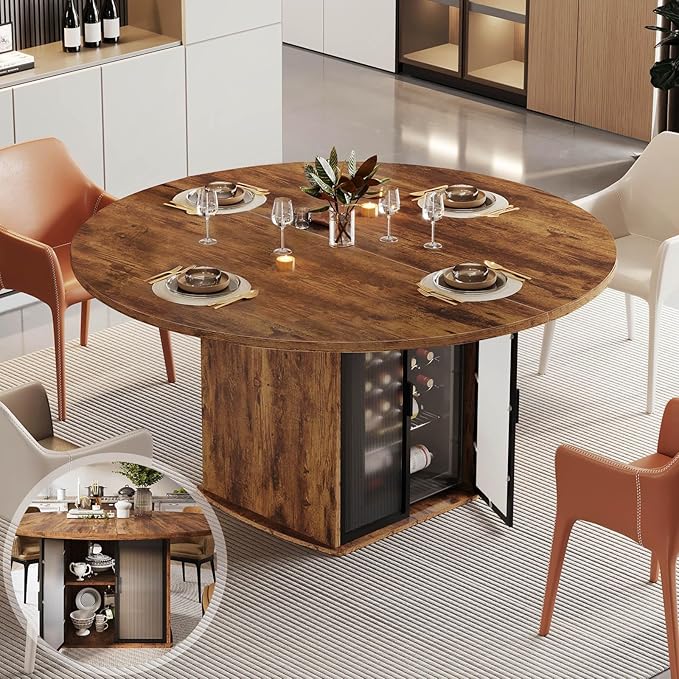 IBF Round Dining Table with Fridge Space, Wood Kitchen Table with Storage Shelf, Rustic Circle Dining Room Tables for 4, Farmhouse Circular Dinner Tables for Home, Rustic Brown, 47 Inch, Only Table