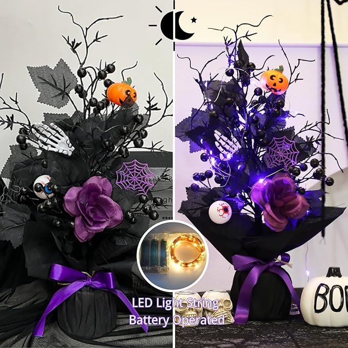 18 Inch Halloween Table Tree, LED Lighted Artificial Tree with Pumpkin,Spider, Black Berries,Halloween Centerpiece for Table, Holiday Party Home Decor