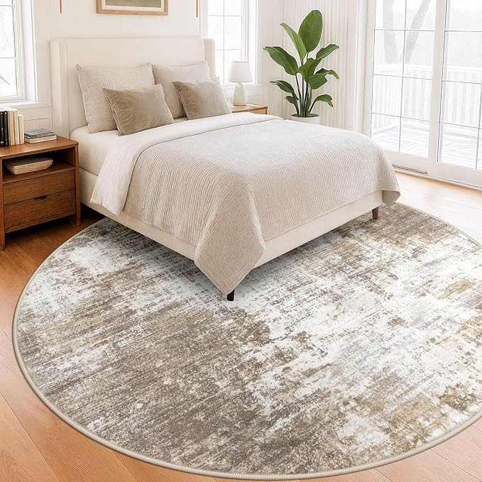 IOHOUZE Abstract Round Area Rug 8 Ft Washable Circle Rugs Large Round Rug Non Slip Thin Soft Circle Rugs, Printed Faux Wool Floor Carpet for Bedroom Living Room Dining Room Nursery, Beige Brown
