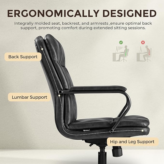 EUREKA ERGONOMIC Home Office Chair Ergonomic Desk Chair, Comfortable Office Chair Leather Executive Chair Mid Century Vintage 360° Swivel with Lumbar for Office Home Bedroom