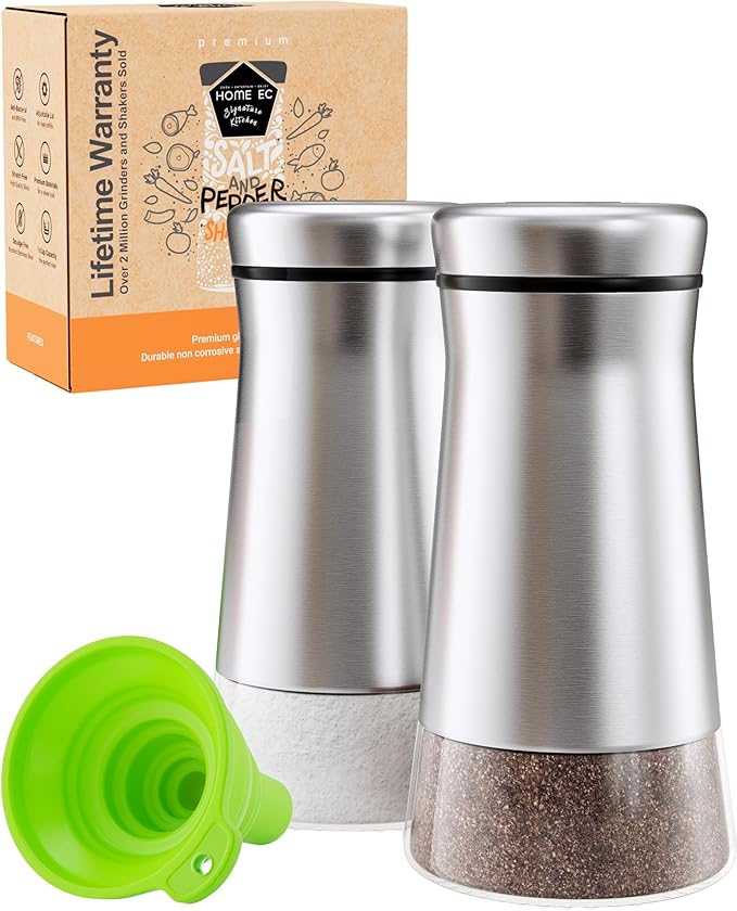 HOME EC Original Salt and Pepper Shakers Set with Adjustable Pour Holes - Glass and Stainless Steel Salt Shaker and Pepper Shaker - Farmhouse Spice dispenser for salts, ground peppercorn and spices