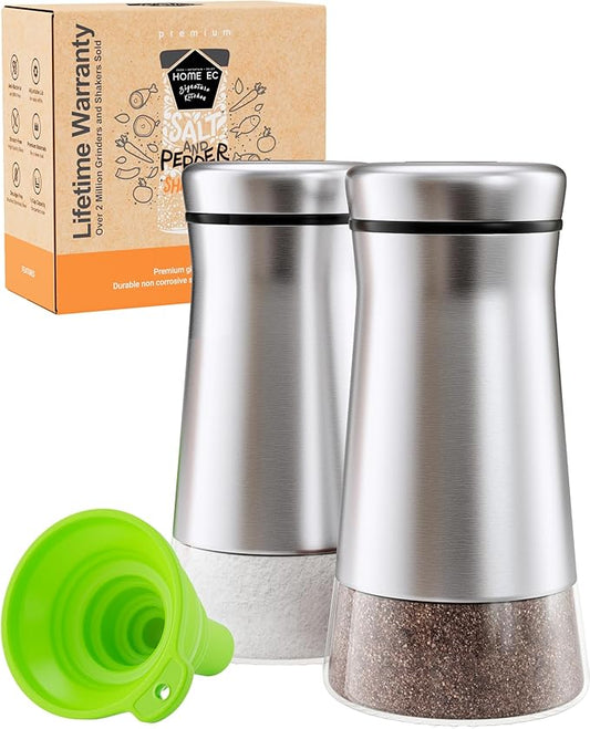 HOME EC Original Salt and Pepper Shakers Set with Adjustable Pour Holes - Glass and Stainless Steel Salt Shaker and Pepper Shaker - Farmhouse Spice dispenser for salts, ground peppercorn and spices