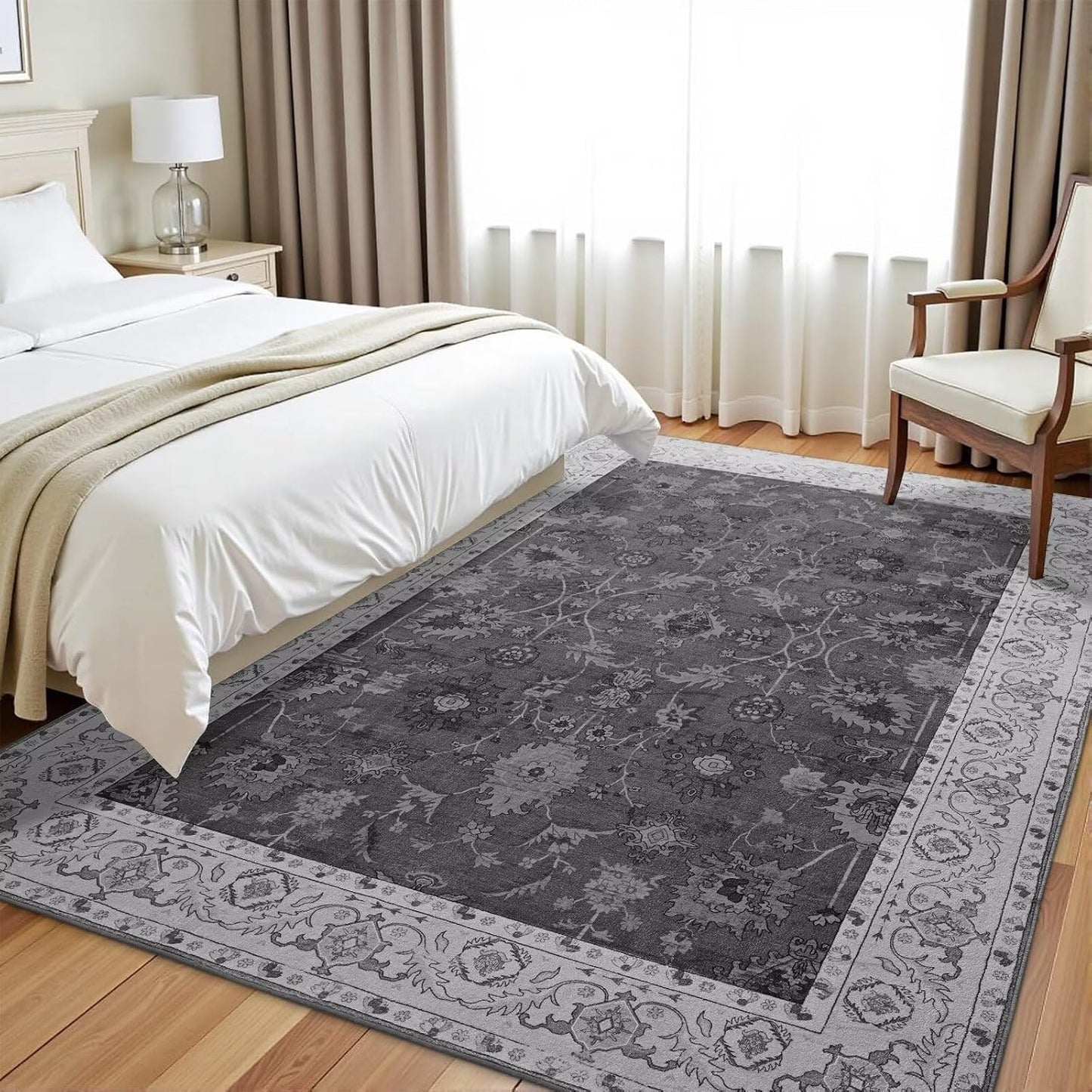 Vasofe 4x6 Rug for Bedroom, Washable Living Room Rugs for Dining Room, Black Indoor Floor Mat, Vintage Floral Mats for Home Decor, Farmhouse, Laundry Room, Non Slip Low Pile Soft Modern Carpet