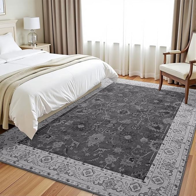 Vasofe 5x7 Rug for Bedroom, Washable Living Room Rugs for Dining Room, Black Indoor Floor Mat, Vintage Floral Mats for Home Decor, Farmhouse, Laundry Room, Non Slip Low Pile Soft Modern Carpet