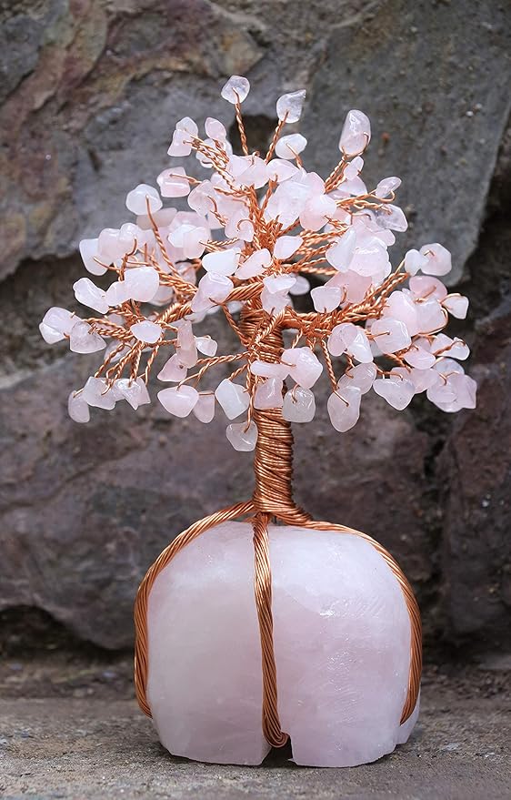 Rose Quartz Gemstone Tree of Life Natural Rose Quartz Stone Base, Copper Wire Money Tree, Crystal for Positive Energy Attract Good Luck, Chakra Feng Shui Decor, Spiritual Gift