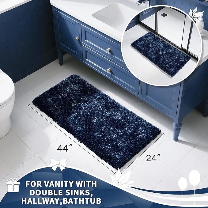 Yimobra Long Bathroom Rug Non Slip 44x24 Inch, Extra Thick Soft Absorbent Chenille Bath Mat, Machine Washable Bath Rugs for Bathroom Floor, Tub and Shower, Home Decor Accessories, Light Blue