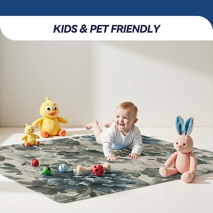 Boho Floral Area Rug 8x10 - Hand-Drawn Gray Green Blooms on Cream, Low-Pile Non-Slip Carpet, Machine Washable for Living Room & Bedroom Vintage Decor.