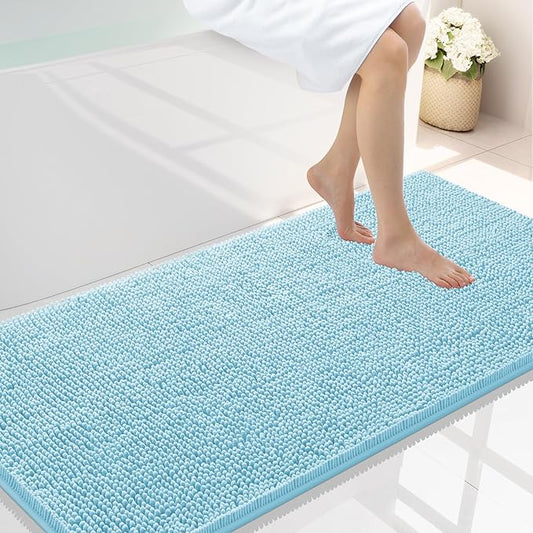 Smiry Luxury Chenille Bathroom Rugs 47x24, Extra Soft and Absorbent Shaggy Bath Mat, Machine Washable, Non-Slip Plush Carpet Runner for Tub, Shower, and Floor, Home Decor Accessories, Sky Blue