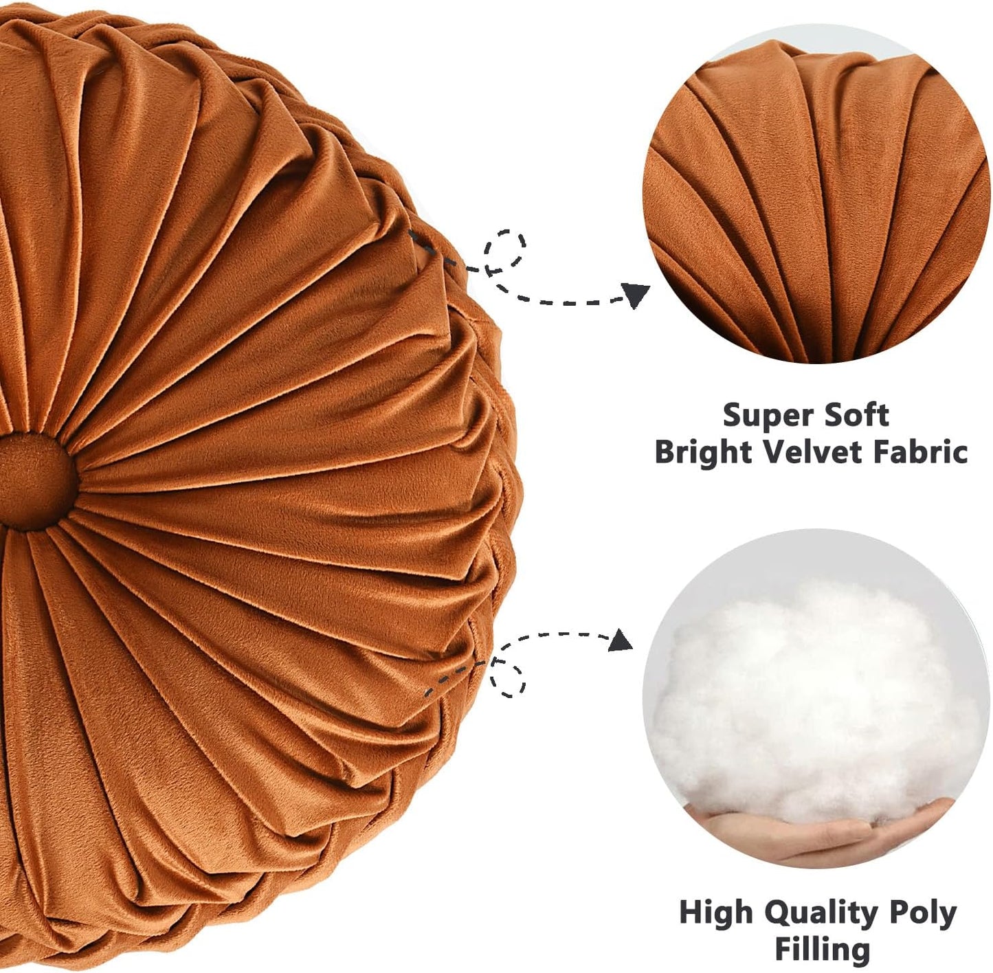 HIG Set of 2 Decorative Round Pleated Throw Pillows, Classy Accent Pumpkin Throw Pillows with Center Button, Vintage Velvet Floor Pillows for Sofa Vanity Chair Bed, Rust, 14.5" Diameter(Ripple)