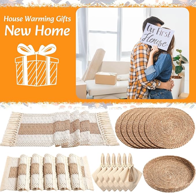 6 Sets Boho Placemats: Round Woven, Rectangular Boho, Wooden Bead Napkin Rings, Cloth Napkins, Long Table Runner & Storage Basket - Natural Burlap Cotton for Kitchen Dining Table Home