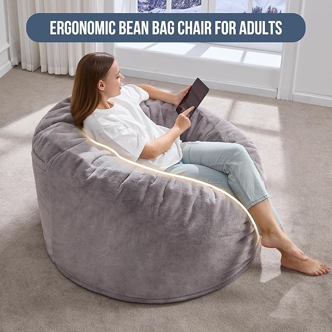 Hobestluk 3ft Bean Bag Chairs for Adults Large Beanbag Chair with Plush Faux Fur Cover Big Bean Bag Chair for Living Room Bedroom Dorm Office - Grey (36” x 36” x 22”)