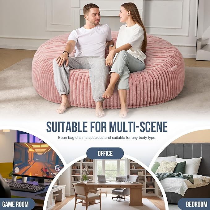 Hobestluk 6ft Bean Bag Chairs for Adults Large Beanbag Chair with Stripe Plush Cover Big Bean Bag Chair for Living Room Bedroom Dorm Office - Pink (70" x 70" x 15")