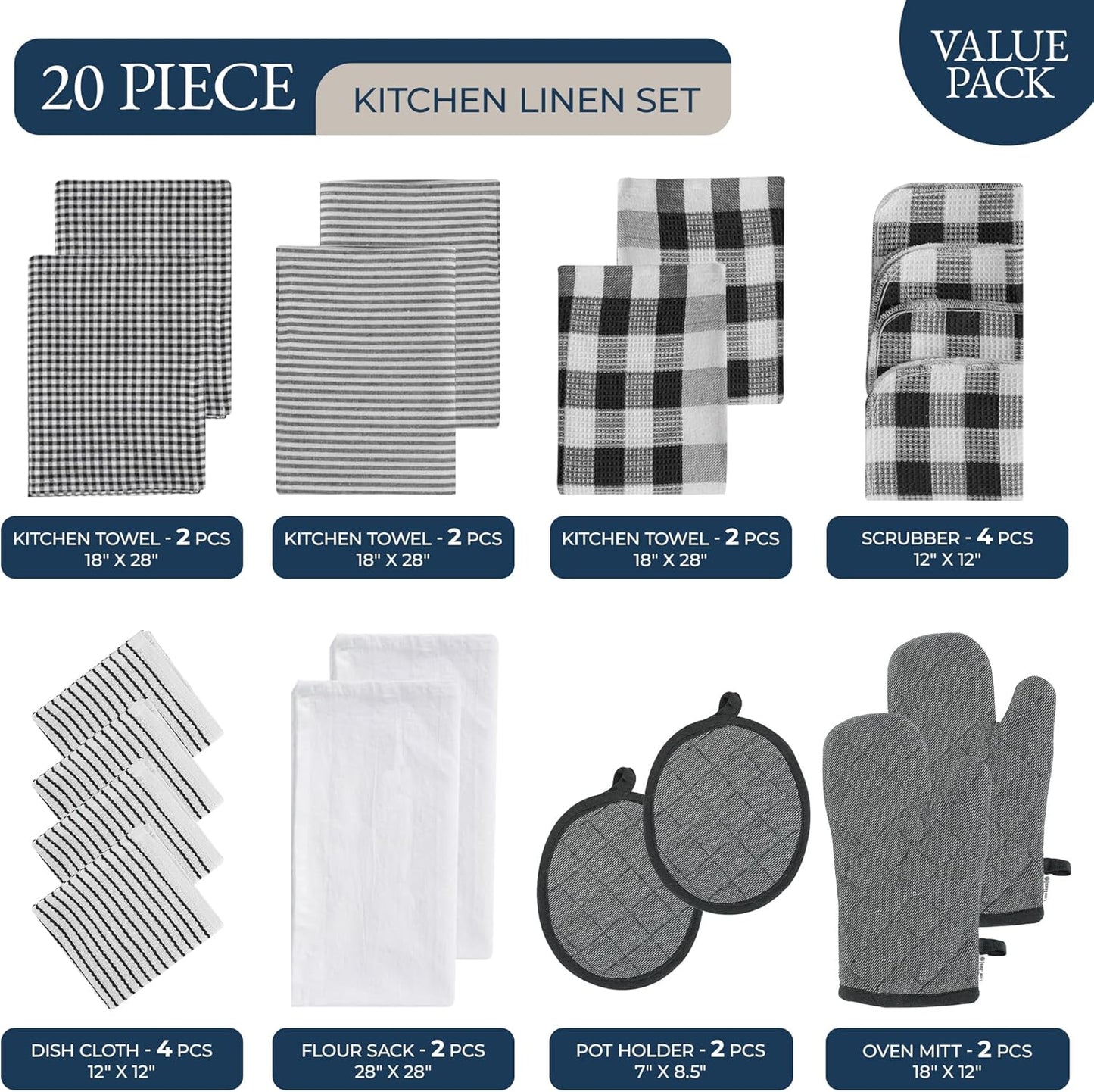 LANE LINEN Kitchen Towels & Dishcloths Set - 20-Piece Kitchen Essentials for New Home, Heat-Resistant Oven Mitts & Pot Holder, Absorbent Flour Sack Towels - Black