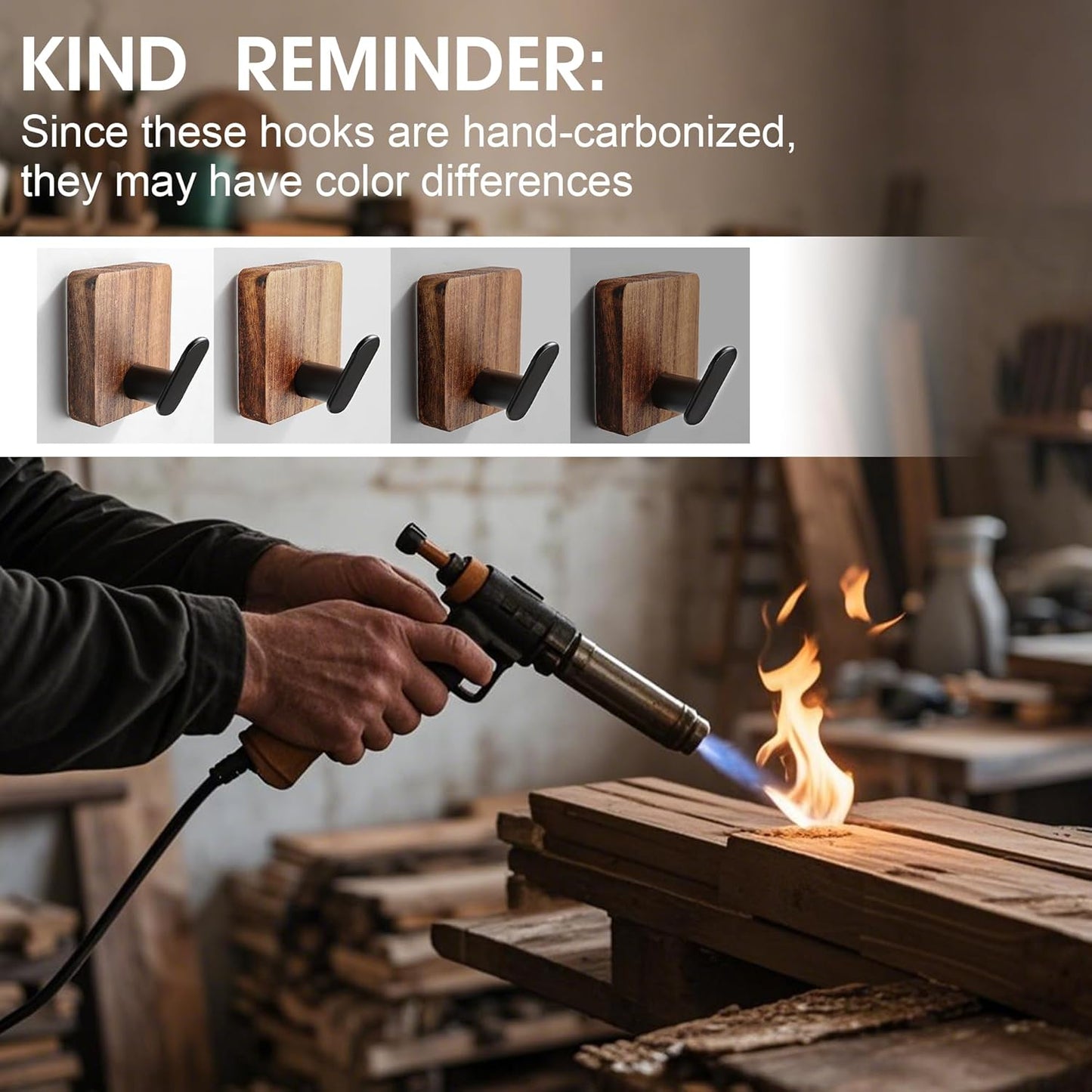 DELITON Towel Hooks for Bathrooms Adhesive, Wood Wall Hooks for Hanging Towels, Robes, Key, No Damage, 4 Pack Utility Hooks for Bathroom and Bedroom