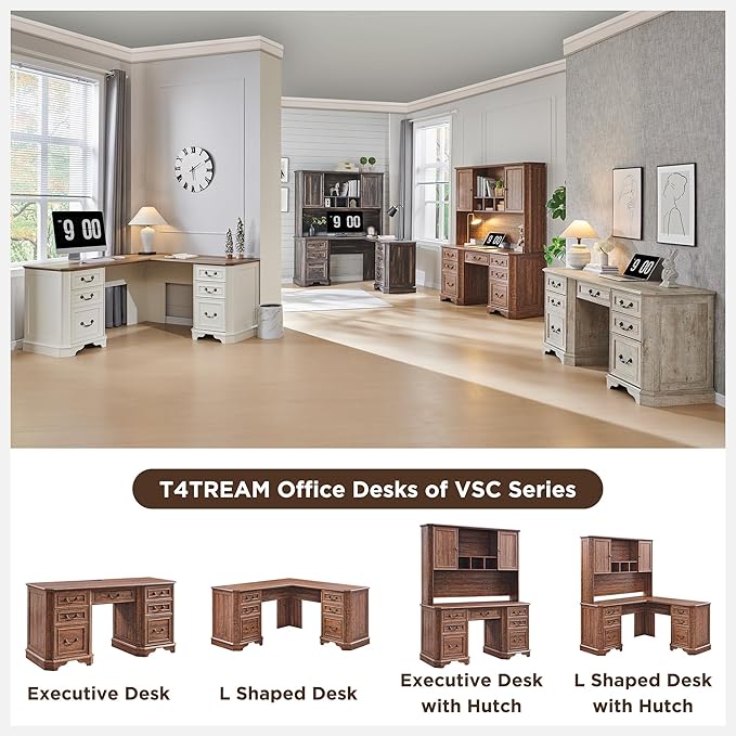 T4TREAM 59" Farmhouse Executive Desk with Hutch,Wood Home Office Computer Desk, Featuring Keyboard Tray,Charging Station,File Drawer, Storage Cabinet,for Work and Study (Reclaimed Barnwood)