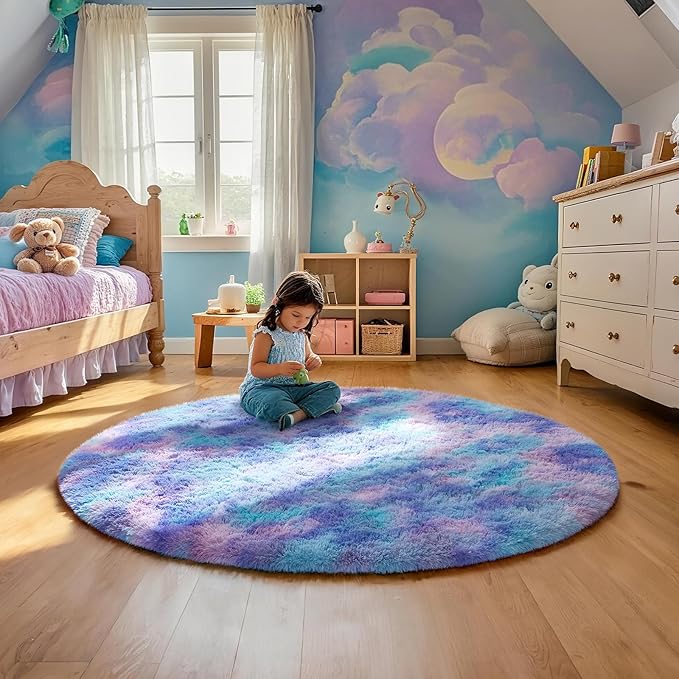 Ophanie Round Rug 4Ft Tie-Dye Rainbow Purple Circle Area Rug, Fluffy Fuzzy Bedroom Carpet, Plush Soft Shaggy Indoor Floor Colorful Living Room Rugs for Kids Home Decor Aesthetic, Nursery