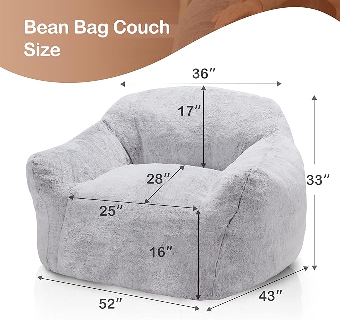 Homguava Beanbag Chair Bean Bag Chairs for Adults Bean Bags Giant Bean Bag Sofa with Spacious Cushion Bean Bag Couch with Armrest Large Bean Bag Chair with Filler for Living Room Bedroom (Light Grey)